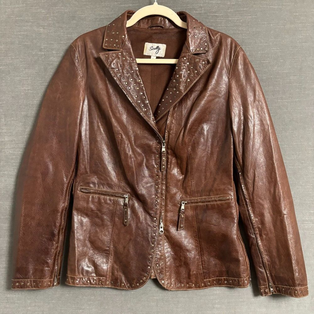 Scully Leather Jacket Womens L Brown Studded Zippers Western Cowgirl Moto Blazer
